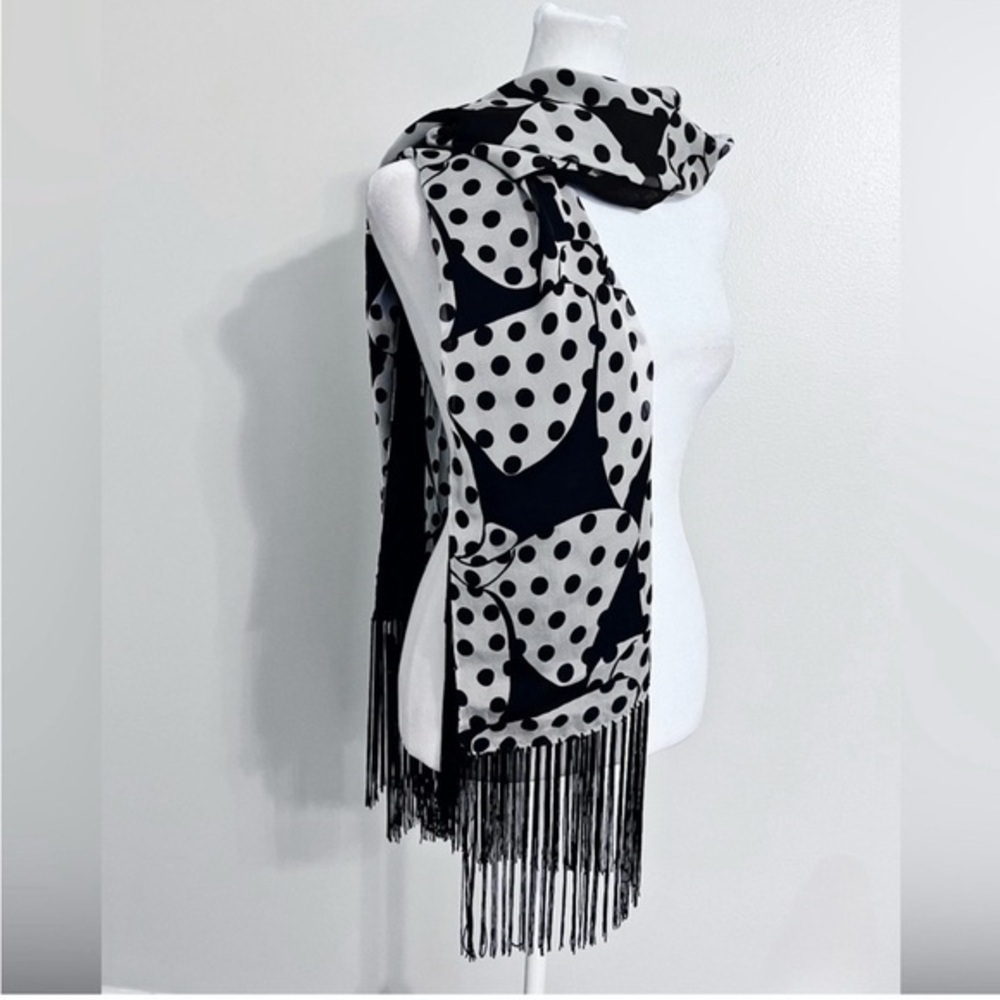 Giorgio Armani Black and White Polka Dot Fringe Scarf